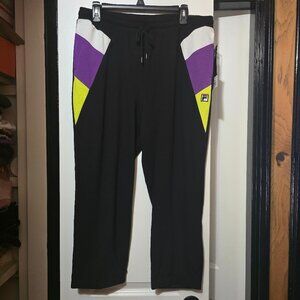 Fila Women's Black Capri Straight Leg Joggers W Purple & Yellow Accents - Large